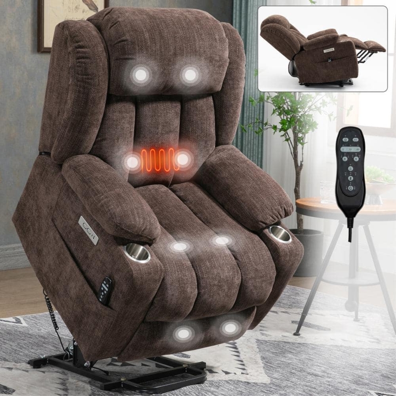 Power Lift Recliner Brown Chenille Massage Heat Cup Holders