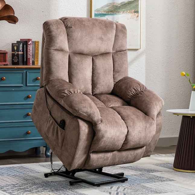 Power Lift Recliner Camel Velvet-Like Fabric Channeled Back Side Pocket
