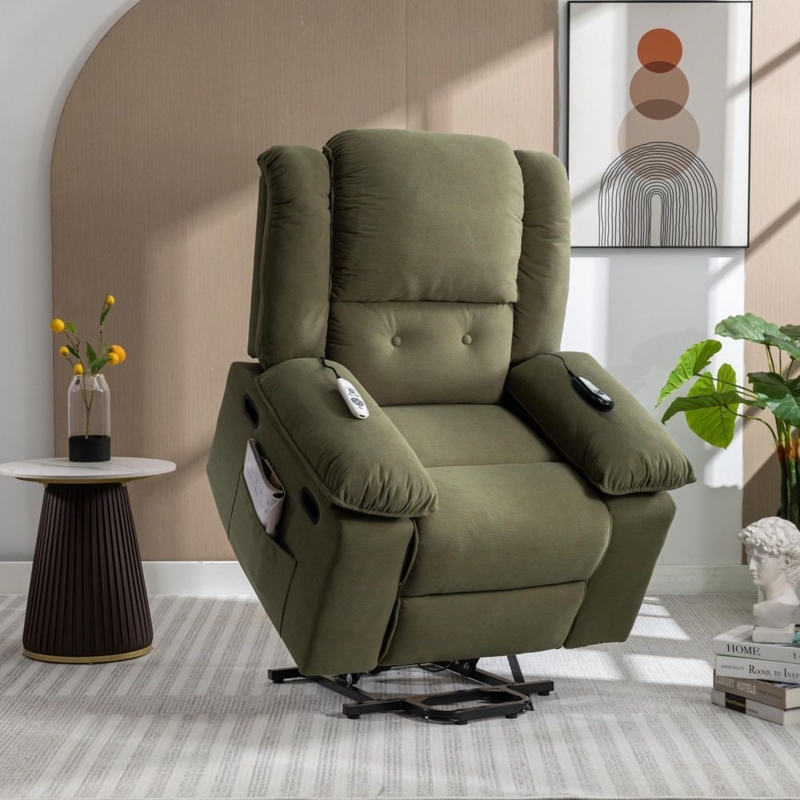 Power Lift Recliner Chair Olive Green Corduroy Massage Heated Function