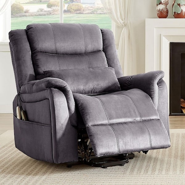 Power Lift Recliner Charcoal Gray Microfiber Side Storage Pockets