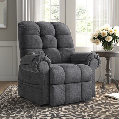 Power Lift Recliner Charcoal Gray Textured Weave Segmented Back