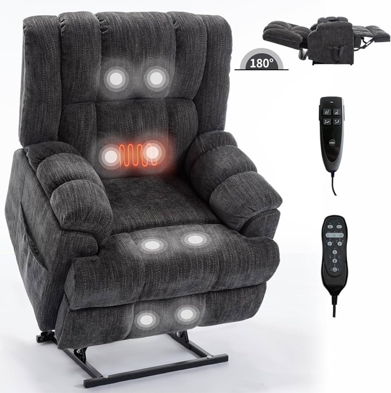 Power Lift Recliner Charcoal Grey Massage Heat 180 Degree Recline