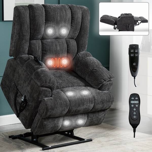 Power Lift Recliner Charcoal Textured Fabric Dual Motor Lift Heat
