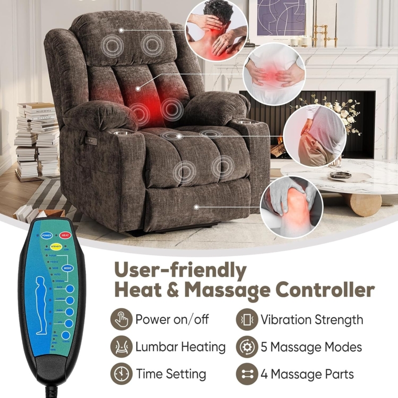 Power Lift Recliner Chenille Dark Brown Ribbed Stitching USB Ports