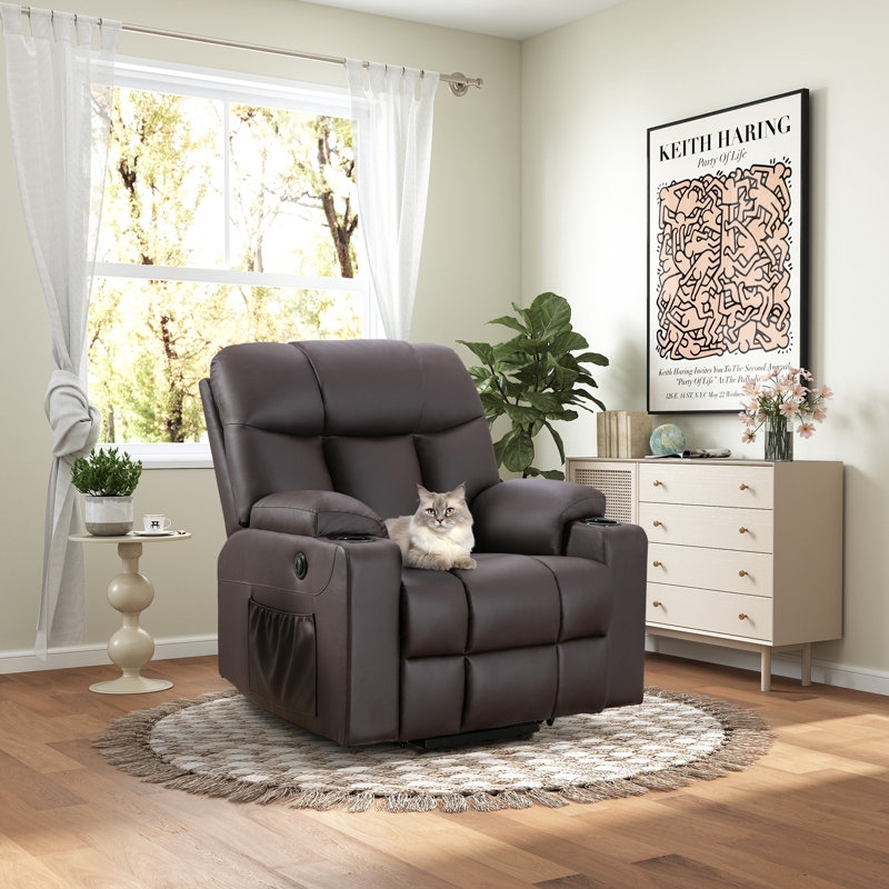 Power Lift Recliner Chocolate Brown Leather-Like Dual Cup Holders USB