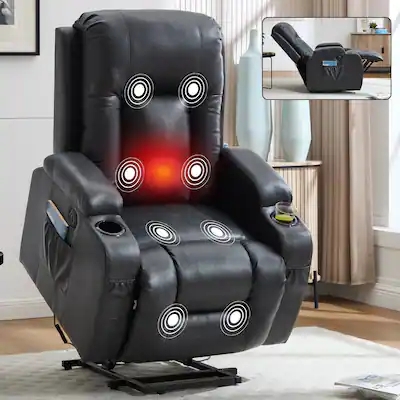 Power Lift Recliner Dark Gray Leather Like 8 Point Massage Heat