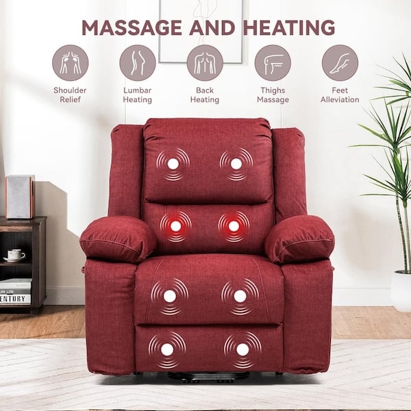 Power Lift Recliner Deep Red Massage Heating Zones Linen Like Fabric
