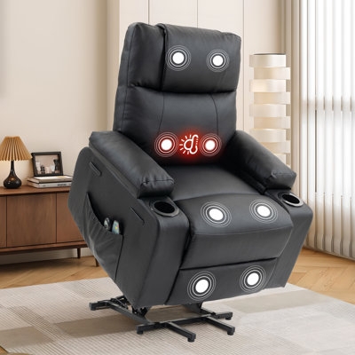Power Lift Recliner in Black Leather-Like with Massage and Heat Function