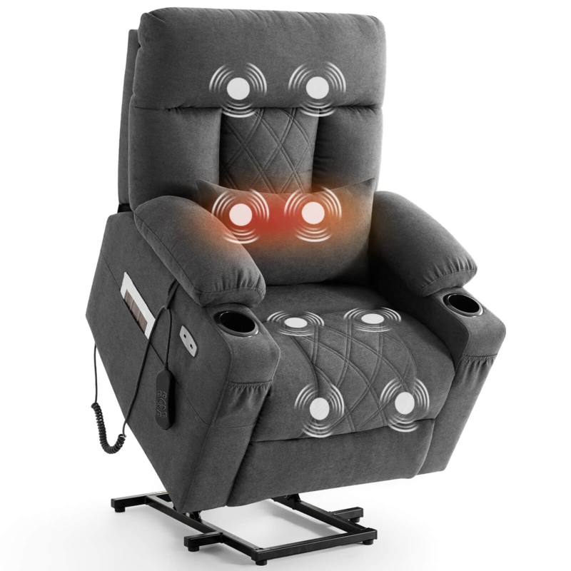 Power Lift Recliner in Grey with Diamond Quilting and Cup Holders