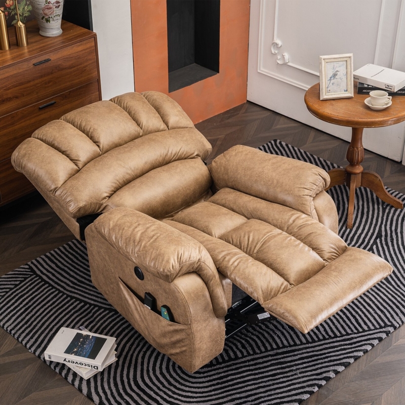 Power Lift Recliner in Tan Leather-like Fabric with Side Storage Pocket