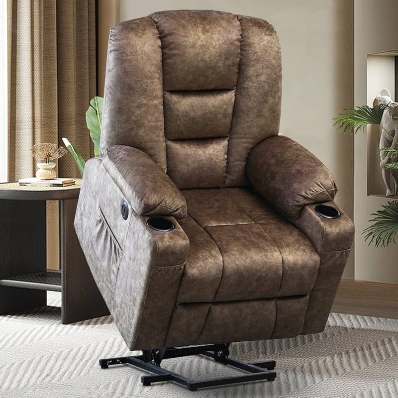 Power Lift Recliner Integrated Cup Holders Brown Suede Like Overstuffed