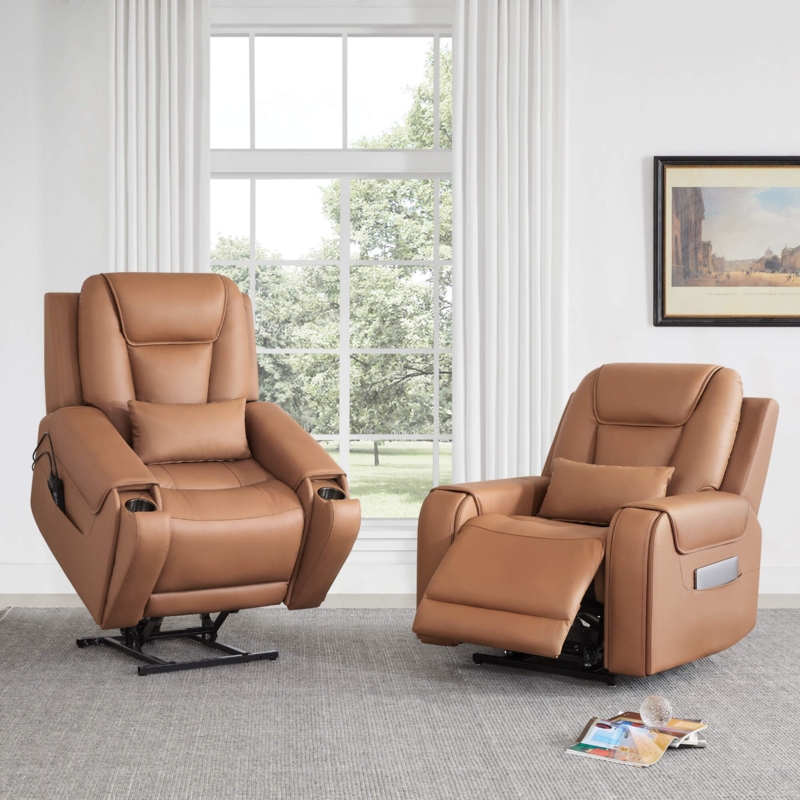 Power Lift Recliner Saddle Brown Leather-Like Built-In Cup Holders