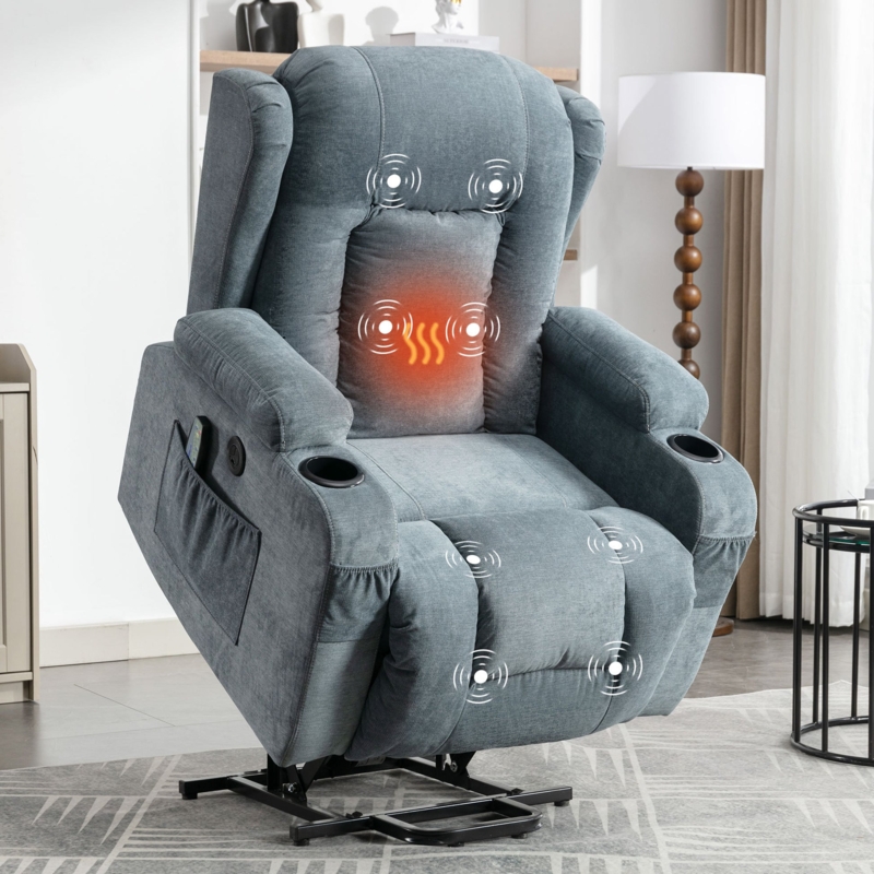 Power Lift Recliner Slate Blue Heat And Massage Woven Fabric
