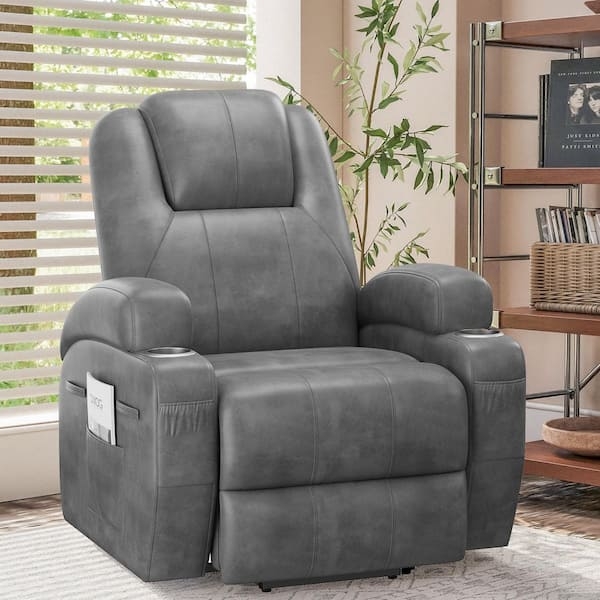Power Lift Recliner Slate Gray Leather-Like Cup Holders Side Pocket