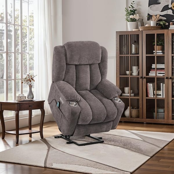 Power Lift Recliner Taupe Ribbed Fabric Integrated Cup Holders