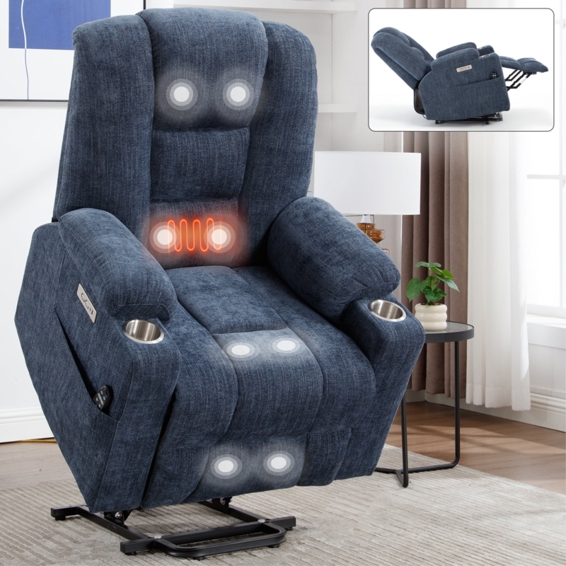 Power Lift Recliner Woven Denim Blue Fabric Cup Holders Heat