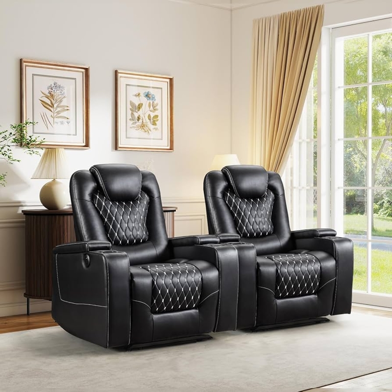 Power Recliner, Black Diamond Quilted Stitching, Cup Holders, Theater Seating Set