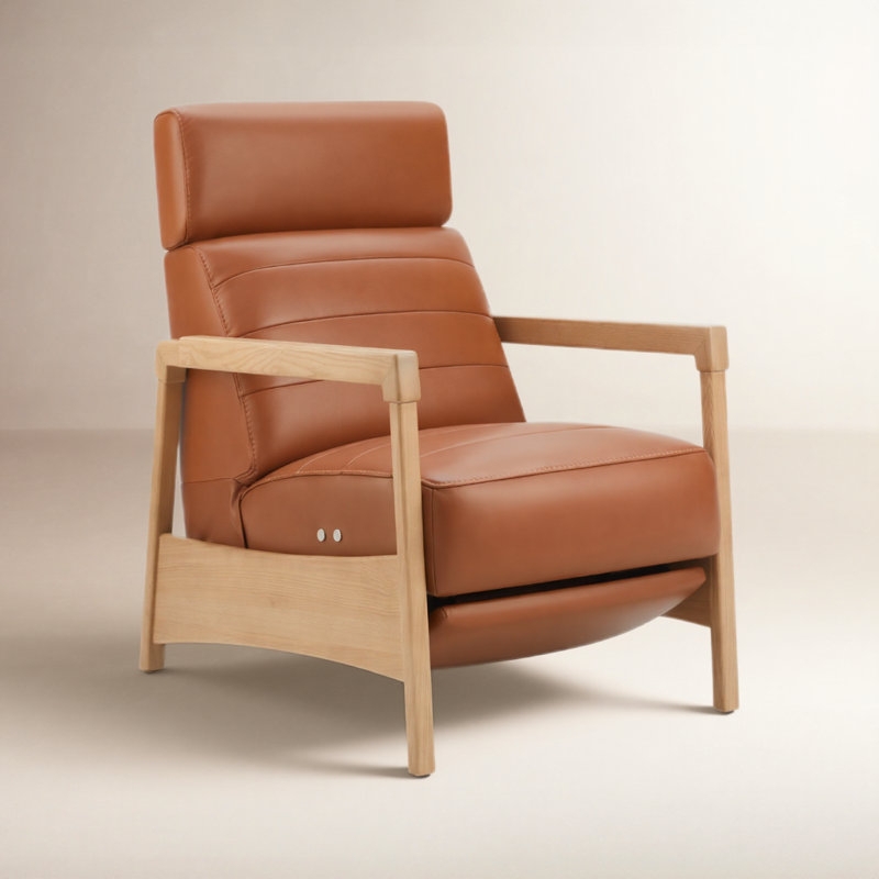 Power Recliner Chair Camel Leather, Channel Stitching & Light Wood Frame