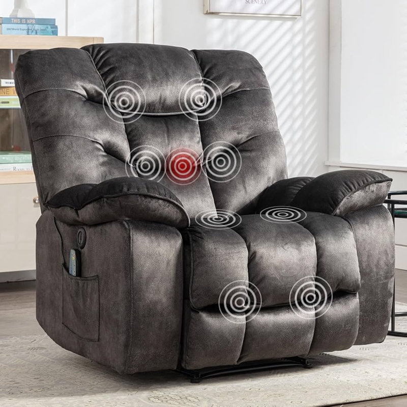 Power Recliner: Charcoal Fabric, Overstuffed, Massage & Heat Function