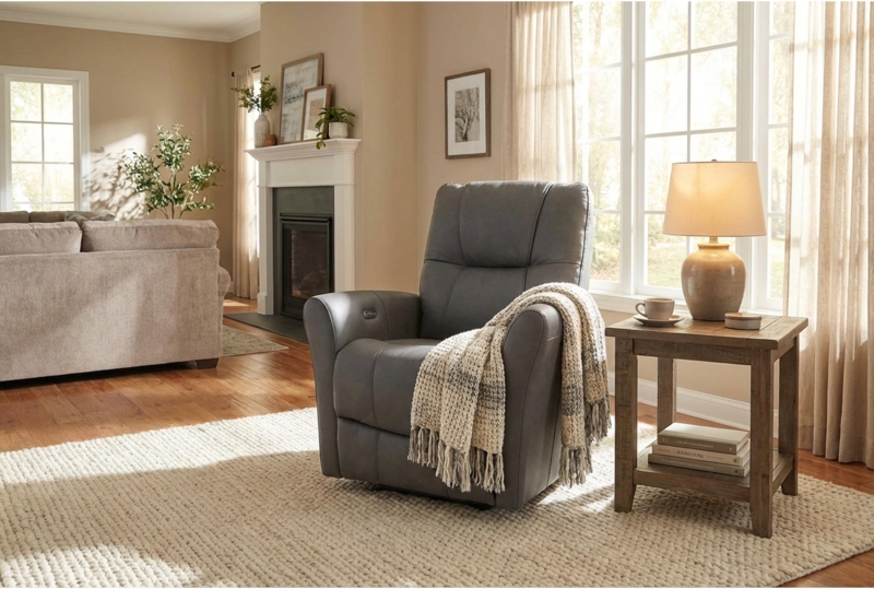 Power Recliner Charcoal Gray Bolster Back Leather Look