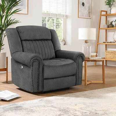 Power Recliner Charcoal Gray Channel Tufting Roll Arms