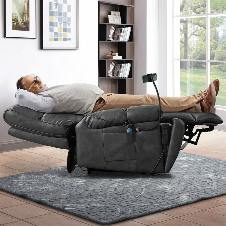 Power Recliner Charcoal Gray Leather-Like Lay Flat Phone Holder
