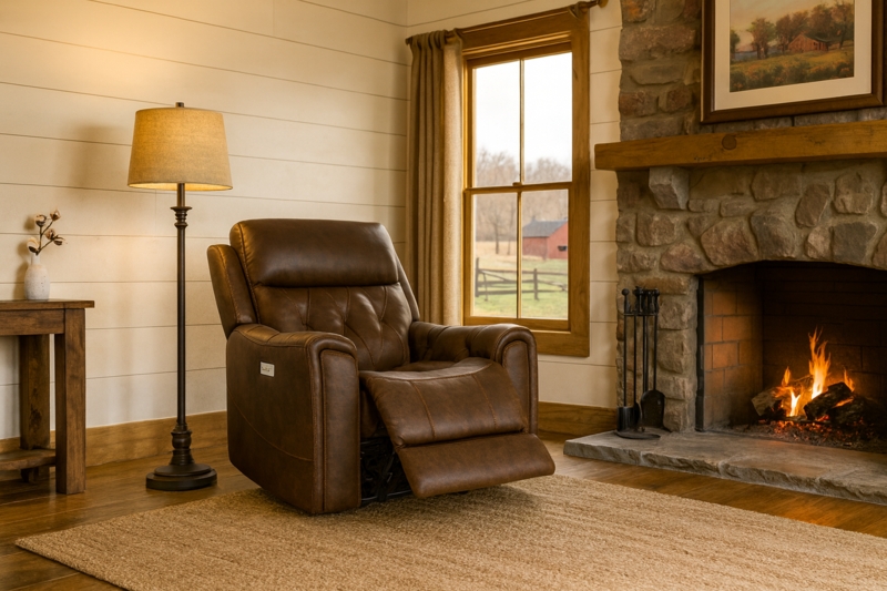Power Recliner Chestnut Leather-Like Diamond Tufted Back Rustic