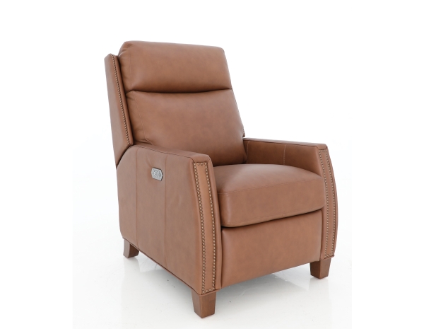 Power Recliner, Cognac Brown, Nailhead Trim, Tapered Legs, Wingback Silhouette