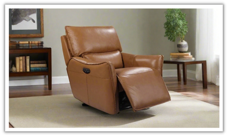 Power Recliner Cognac Leather-Like USB Charging Port Transitional