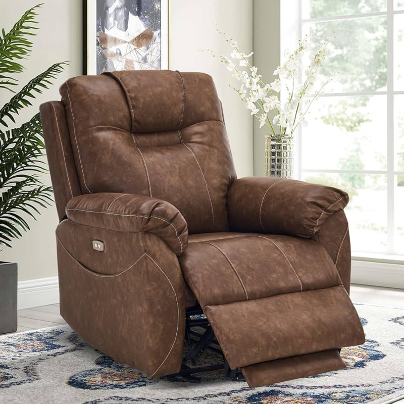 Power Recliner Contrast Stitching Chestnut Brown Leather-Like Chair