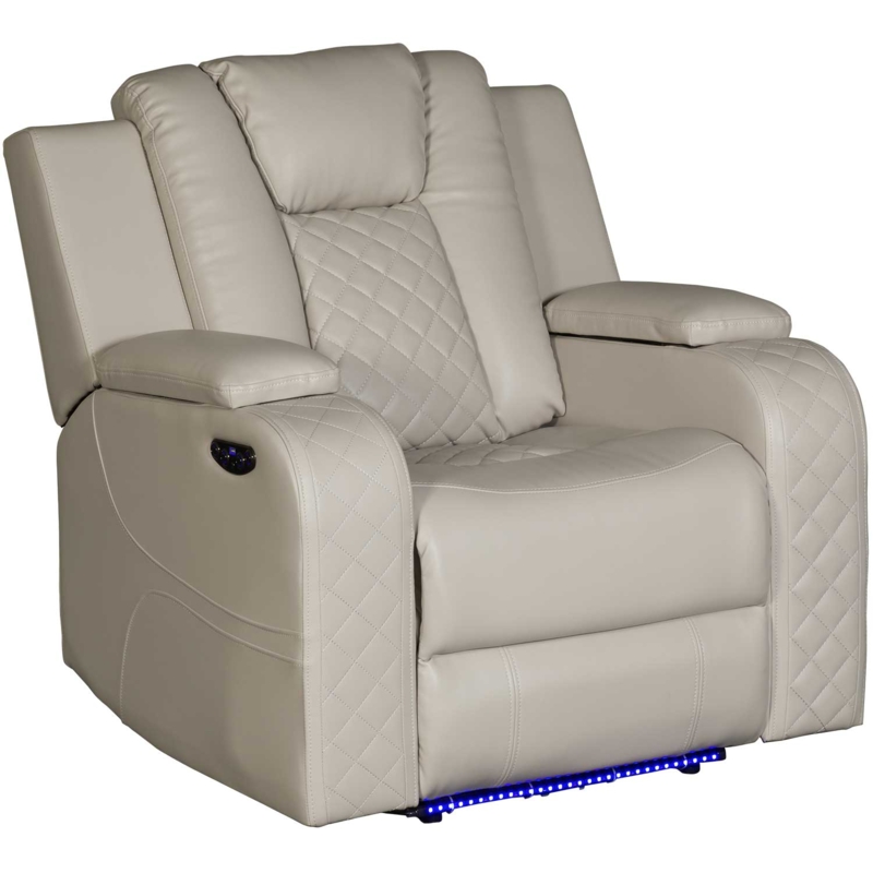 Power Recliner, Cream Diamond Quilting, Blue LED Base, LED Lighted Recliner