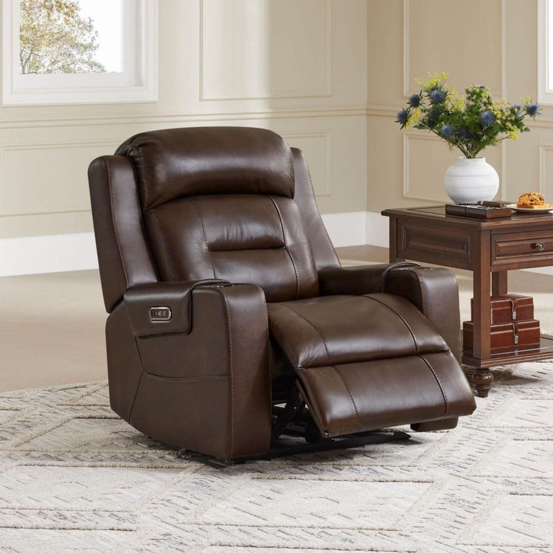 Power Recliner, Dark Brown Genuine Leather, Cup Holders, Power Headrest