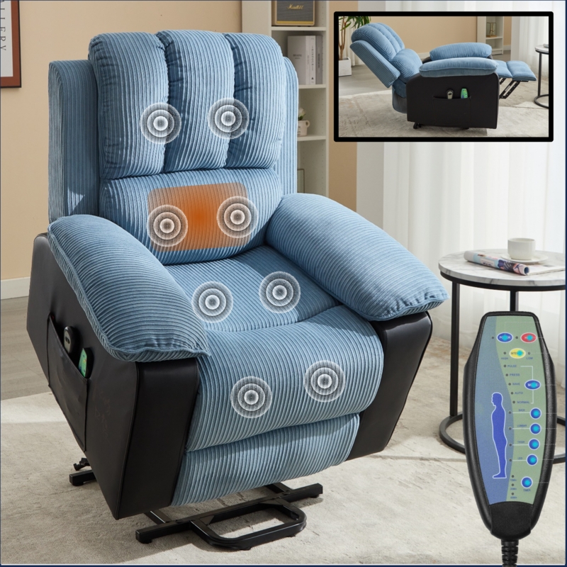 Power Recliner Dusty Blue Ribbed Corduroy Texture Heat And Massage