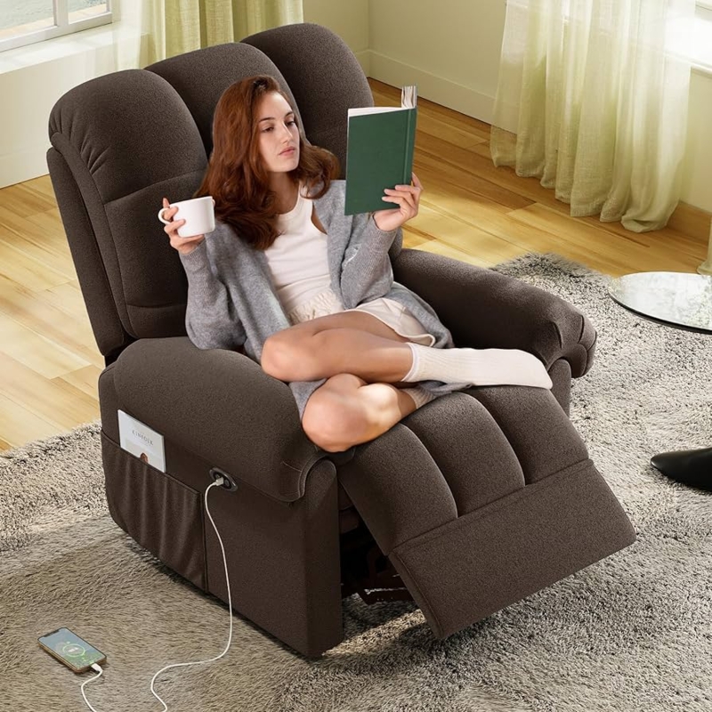Power Recliner in Chocolate Brown Teddy Fabric with USB Port