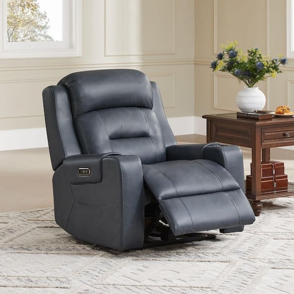 Power Recliner, Navy Blue Leather-like, Cup Holders, Power Headrest