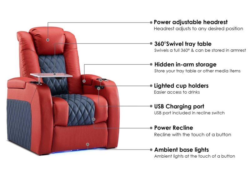 Power Recliner Red Navy Diamond Quilting Ambient Base Lighting USB