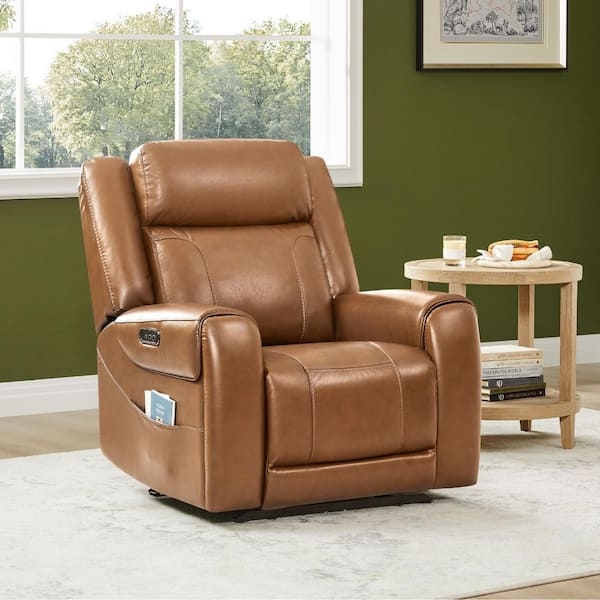Power Recliner Saddle Brown Leather Like Upholstery Side Storage Pocket