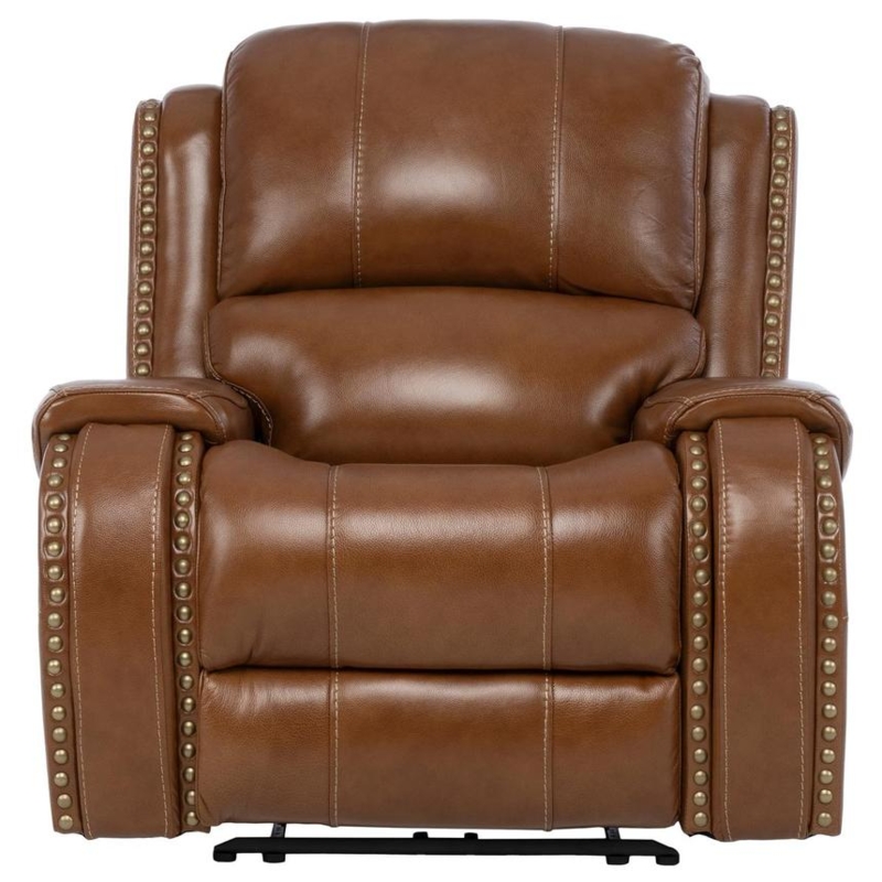 Power Recliner Tan Leather Finish Brass Nailhead Trim