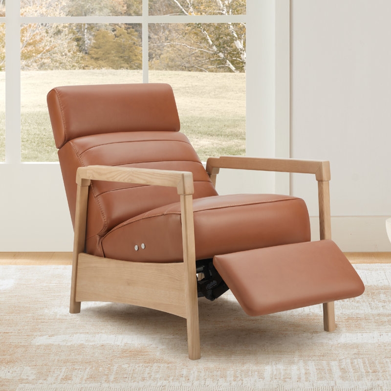 Power Recliner Tan Leather-Like Slim Arms Minimalist Style Seating