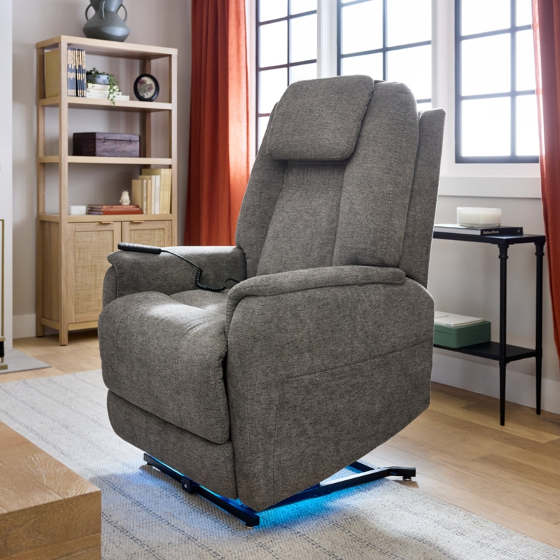Power Recliner with LED Underlighting Grey Sleeper Chair Wired Remote