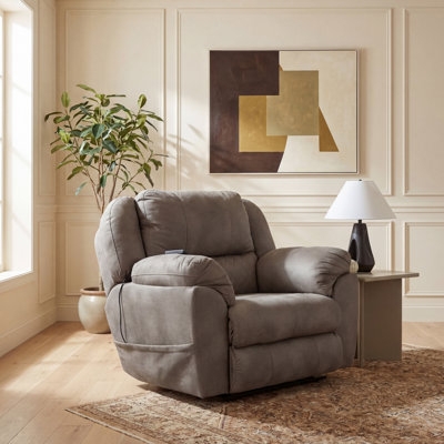 Power Recliner with Overstuffed Silhouette and Remote Pocket, Taupe
