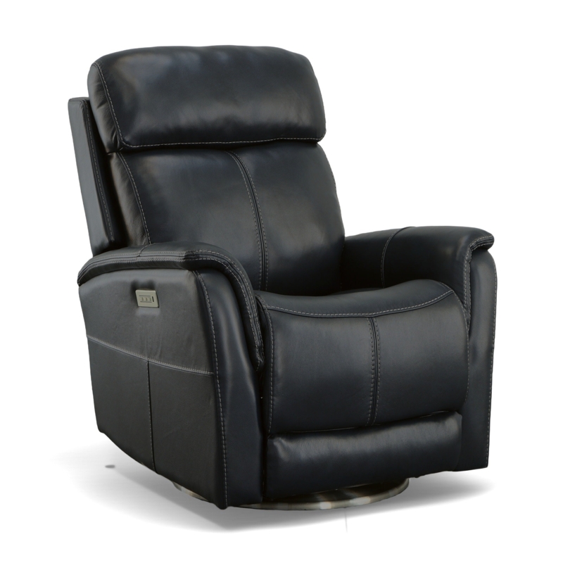 Power Recliner with Power Headrest Navy Blue Contrast Stitching Swivel