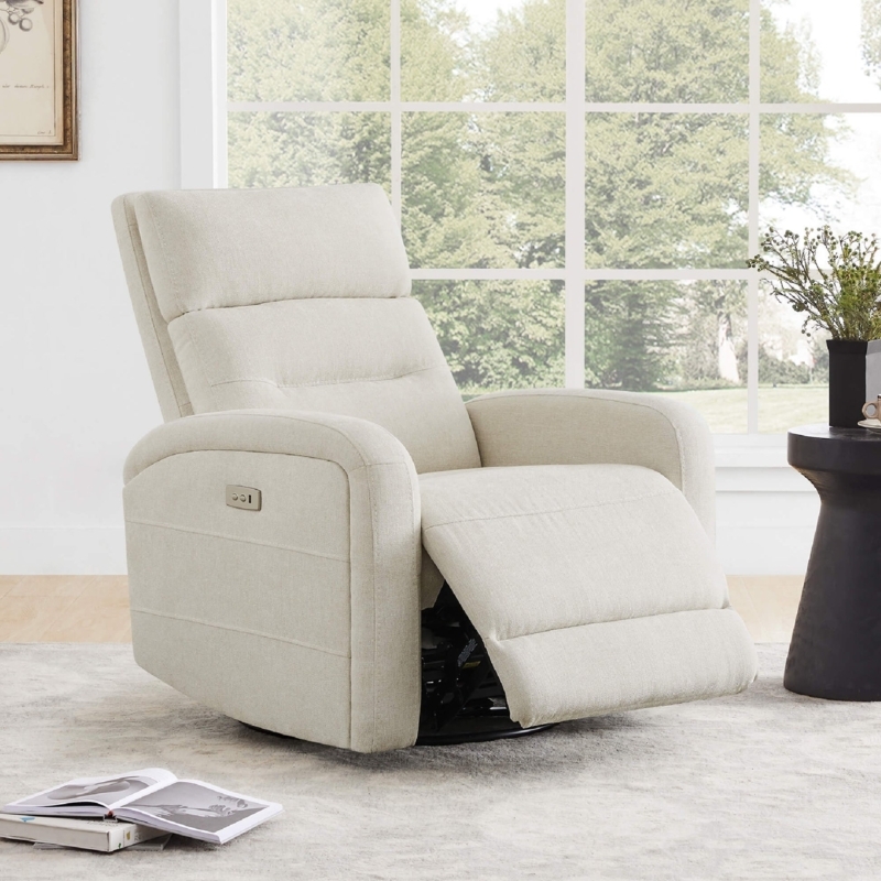 Power Recliner with Recessed Controls in Cream Linen-Like Fabric