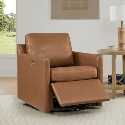 Power Recliner with Swivel Base and USB Port, Cognac Leather