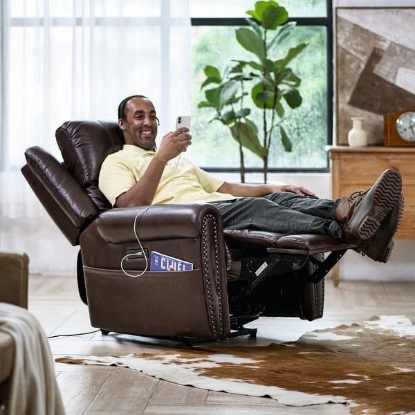 Power Recliner with USB Port, Side Pocket, and Nailhead Trim in Brown