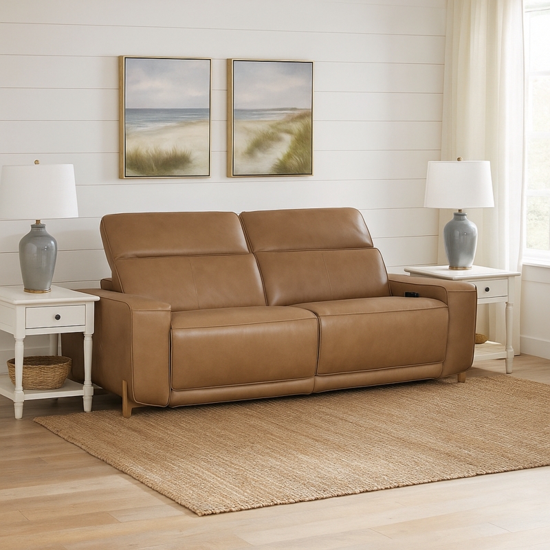 Power Reclining Sofa in Tan Leather-Like Fabric with Coastal Style