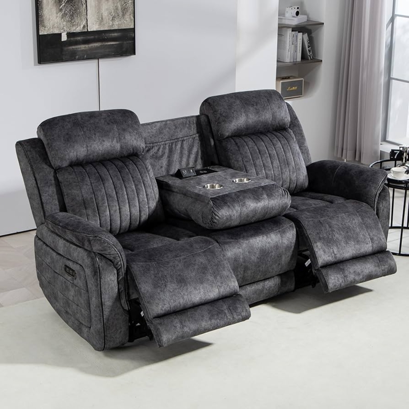 Power Reclining Sofa with Drop Down Table and Channel Tufting