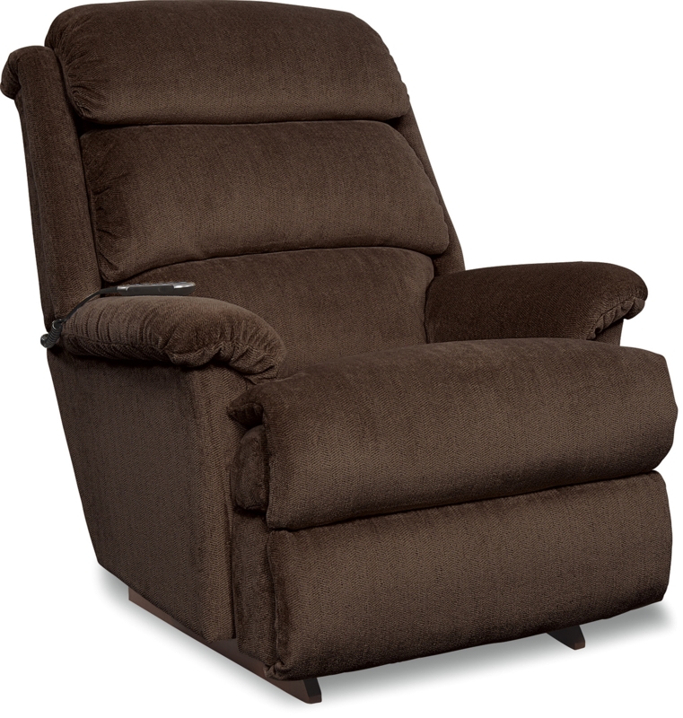 Power Rocking Recliner Chocolate Fabric Triple-Pillow Back Wired Remote