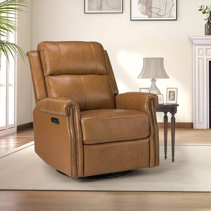 Power Swivel Glider Recliner in Camel Leather with USB and Nailhead Trim
