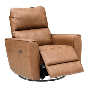 Power Swivel Recliner Brown Leather Like Curved Silhouette High Back